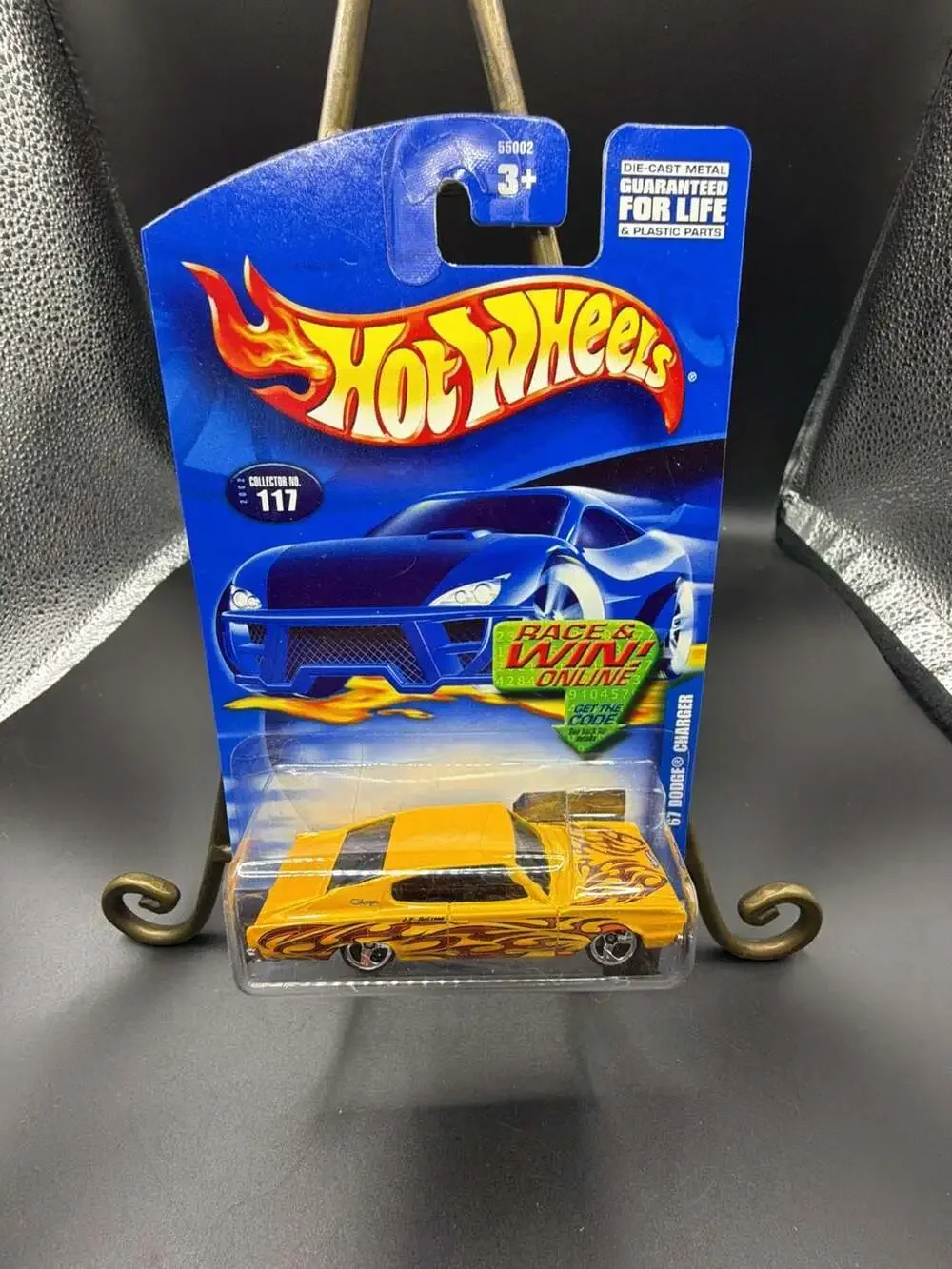 2002 Hot Wheels '67 Dodge Charger #117 Yellow with Flame Graphics